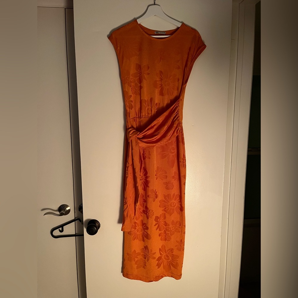 Zara Orange Asymmetrical Long Jacquard Dress - Picture 2 of 5